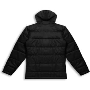 A black women's puffer jacket featuring a hood and quilted design, with a branded logo on the back.