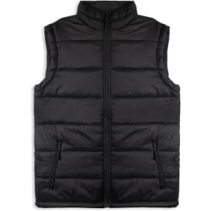 A black puffer vest with a high collar and front zip, featuring two side pockets and a logo.