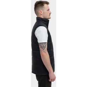 A men's puffer vest in black, featuring a high collar and a quilted design, shown from the side.