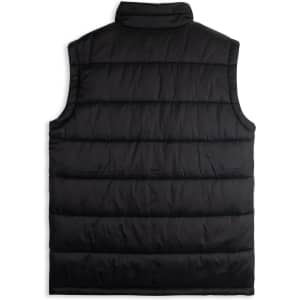 A black men's puffer vest with a quilted design and no sleeves, featuring a collar and a logo.