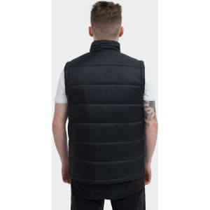 A black puffer vest viewed from the back, featuring a high collar and stitched detailing. It has a logo on the side.