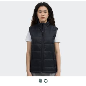 A black women's puffer vest with a zip front and no sleeves, featuring a logo on the upper side.