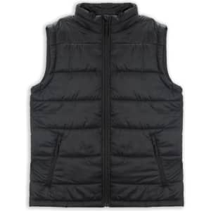 A black women's puffer vest with a front zipper and two side pockets, featuring a logo.