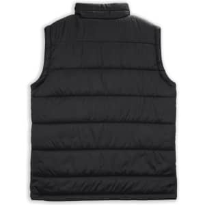 A black women's puffer vest featuring a quilted design and a high collar, with a logo on the back.