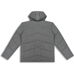 A grey puffer jacket with a hood, featuring a chevron design on the back and long sleeves.
