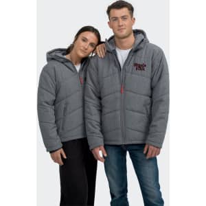 A grey puffer jacket with a hood, worn by two models, one male and one female, standing together.