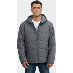 A grey puffer jacket with a hood, featuring a front zip and quilted design, worn by a model.