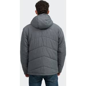 A grey puffer jacket with a hood, featuring a chevron pattern on the back, displayed on a model.