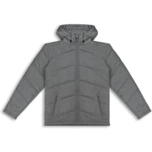 A grey puffer jacket with a hood, featuring a zip closure and a logo.
