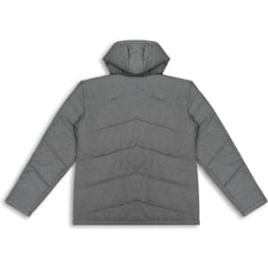 A grey women's puffer jacket with a hood and a textured design, featuring a logo on the back.