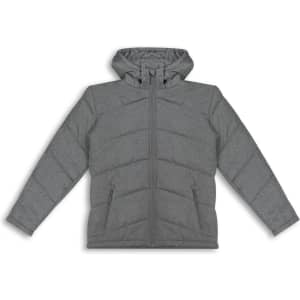 A grey puffer jacket with a hood, featuring a zip front and a subtle branding logo.