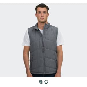 A grey puffer vest with a zip front and side pockets, worn by a model standing straight.