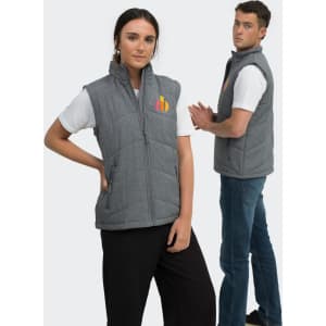 A grey puffer vest with a logo, showcased on a male and female model, styled casually with t-shirts and jeans.