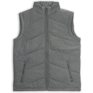 A grey puffer vest featuring a zip closure and side pockets. The vest has a chevron quilted pattern and a high collar.