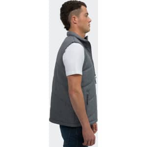 A grey puffer vest with a zip-up front and side pockets, modelled by a man in profile.