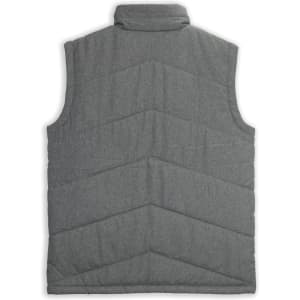 A grey puffer vest with a chevron quilted pattern and a high collar. The vest has no sleeves and features a logo.