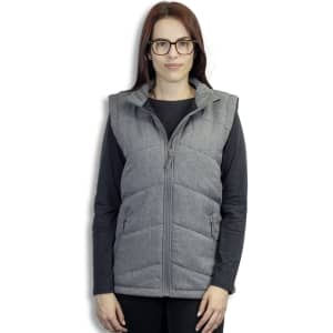 A grey puffer vest with a zip front and side pockets, featuring a logo on one side.