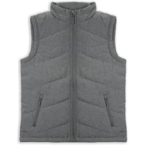 A grey puffer vest with a zip-up front and two side pockets, featuring a chevron quilted design.