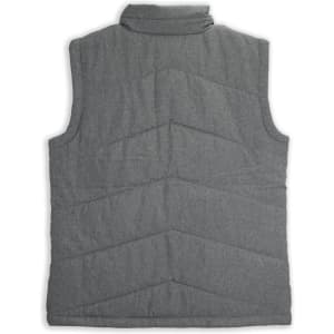 A grey women's puffer vest featuring a high collar and chevron quilted design, with a logo on the back.