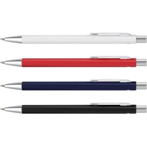 A set of four metal pens in white, red, navy blue, and black, each featuring a silver clip and detailing.