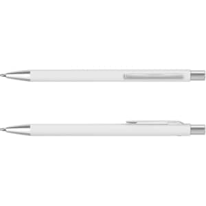 A metal pen featuring a sleek white body and silver accents, with a clip for easy attachment.