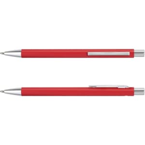 A metal pen in vibrant red with silver accents and a branding logo. Two pens displayed, one on top of the other.