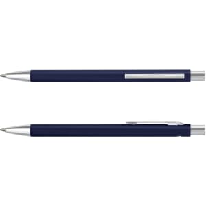 A metal pen in navy blue with silver accents and a sleek design. It features a clip and a shiny tip.