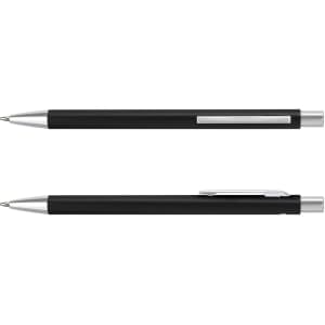 A metal pen in black with silver accents, featuring a sleek design and a clip for easy attachment.