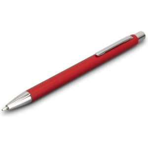 A red metal pen with a silver clip and tip, featuring a smooth finish and modern design.