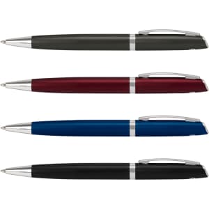 A collection of four metal pens in green, burgundy, blue, and black with silver accents and a logo.