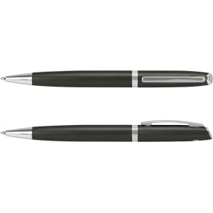 A metal pen featuring a sleek black body and silver accents, displayed from two angles. It includes a logo.