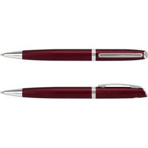 A metal pen in a deep burgundy colour with silver accents and a sleek design, featuring a logo.