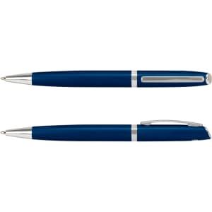A metal pen with a sleek navy blue body and silver accents, featuring a logo on the clip.
