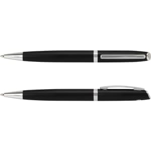 A black metal pen with silver accents, featuring a sleek design and a clip on one side.