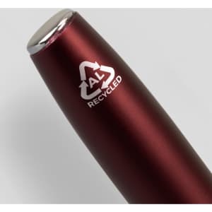 A metal pen with a deep red finish, featuring a shiny silver tip and a recycling logo.