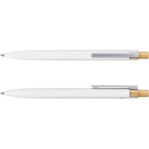 A metal pen featuring a white barrel and bamboo details, with a clip and branding logo.
