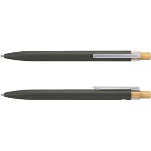 A metal pen with a dark green body and wooden accents, featuring a silver clip and branding.