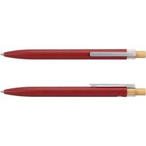 A metal pen in red with a wooden accent and a silver clip, featuring a sleek design.
