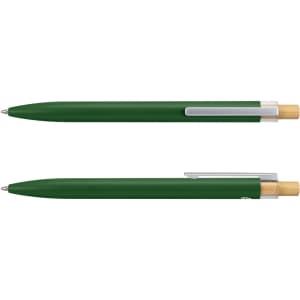 A metal pen set featuring an elegant green finish with silver accents and a wooden clip.