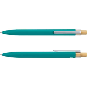 A metal pen in teal with a wooden clip, featuring a logo on the barrel.