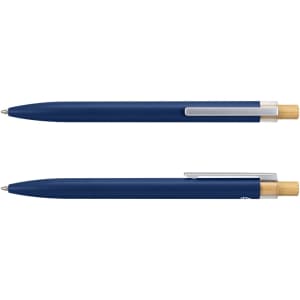 A blue metal pen with a bamboo accent and a silver clip, featuring a branding logo.