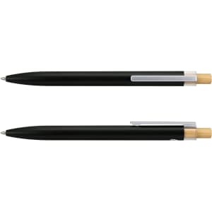 A black metal pen with a wooden accent and a silver clip, featuring a logo on the barrel.
