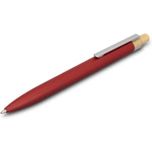 A red metal pen with a silver clip and tip, featuring a logo on its side.