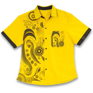 A bright yellow custom women's shirt featuring abstract black patterns and a pocket, with contrasting black trim.