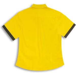 A custom short-sleeved women's shirt in bright yellow with dark trim and a collar. Features a logo.