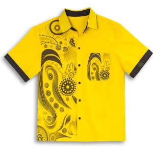 A yellow button-up shirt featuring a black and yellow abstract design on the front and a matching pocket, with a logo.