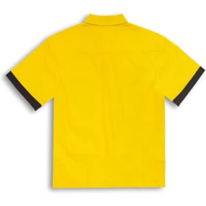 A vibrant yellow button-up shirt with black accents on the sleeves. The back view is prominently displayed.