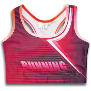 A custom women's athletics crop top in gradient shades of pink and purple, featuring a logo and sporty design.