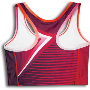 A vibrant women's athletics crop top featuring a mix of purple, pink, and white colours with a logo.