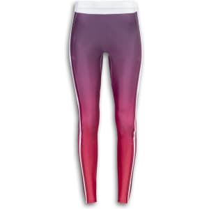 Custom women's leggings featuring an ombre design in shades of purple and pink, with a white waistband and side stripes.